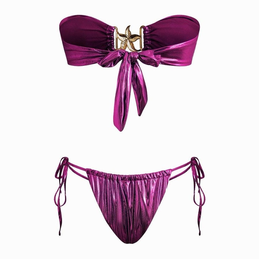 Cute Metallic Bandeau Top Two piece Bikini Set Swimsuit - Picture 2 of 4